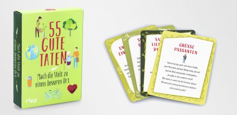 Kartenspiel, 55 gute Taten, Mach die Welt zu einem besseren Ort. Erschienen im riva-Verlag. Seitenaufbau feschart print- und webdesign