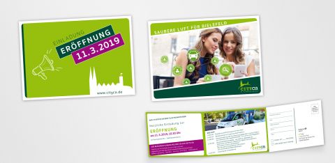 Printdesign und Layout der Cityca e-Carsharing. Schriftsatz und Druckdatenerstellung by Michaela Röhler, Agentur feschart print- und webdesign in Leopoldshöhe.