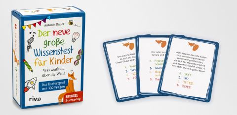 Kartenspiel, Der neue große Wissenstest für Kinder, erschienen im riva-Verlag und SPIEGEL Buchverlag. Seitenaufbau feschart print- und webdesign