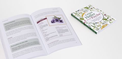 Buch, Grüne Helfer für die Psyche. Erschienen im mvg-Verlag. Layout und Seitenaufbau feschart print- und webdesign