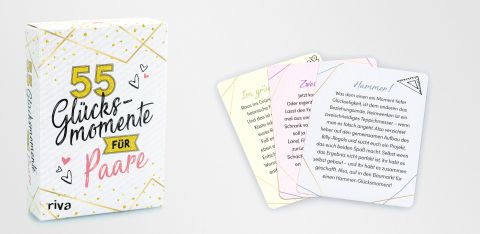Kartenspiel, 55 Glücksmomente für Paare. Erschienen im riva-Verlag. Seitenaufbau feschart print- und webdesign