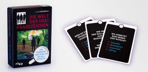 Kartenspiel, Die Welt der drei Fragezeichen. Erschienen im riva-Verlag. Seitenaufbau feschart print- und webdesign